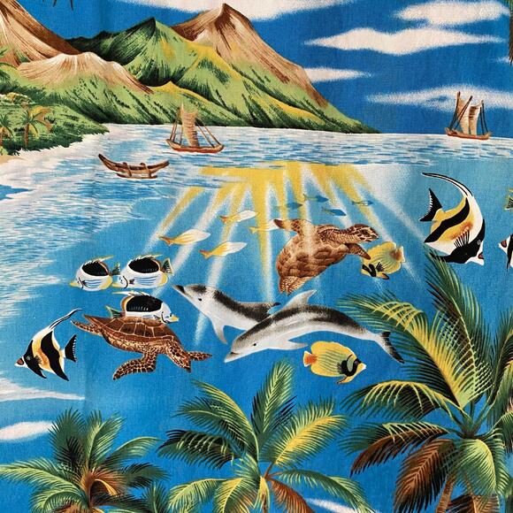 Vintage RJC Hawaiian Camp Shirt Men's Large Blue Palm Fish Turtle Made in Hawaii - Picture 6 of 7